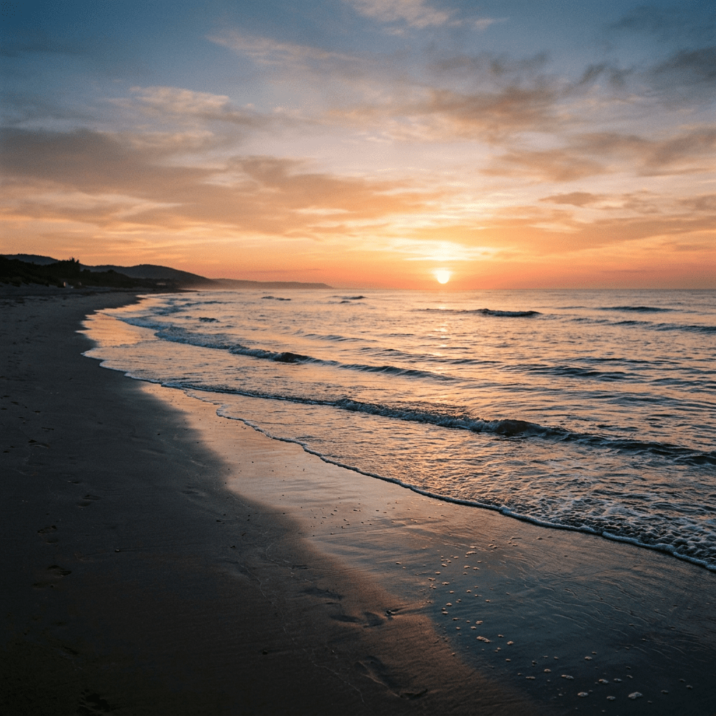 Sunset over ocean waves lapping a sandy beach with hills in the distance.